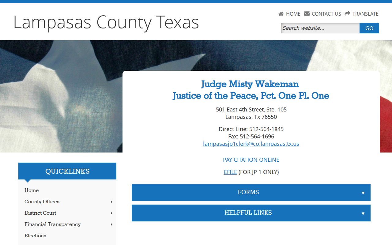 Lampasas County bench warrant JP1 clerk and citation information